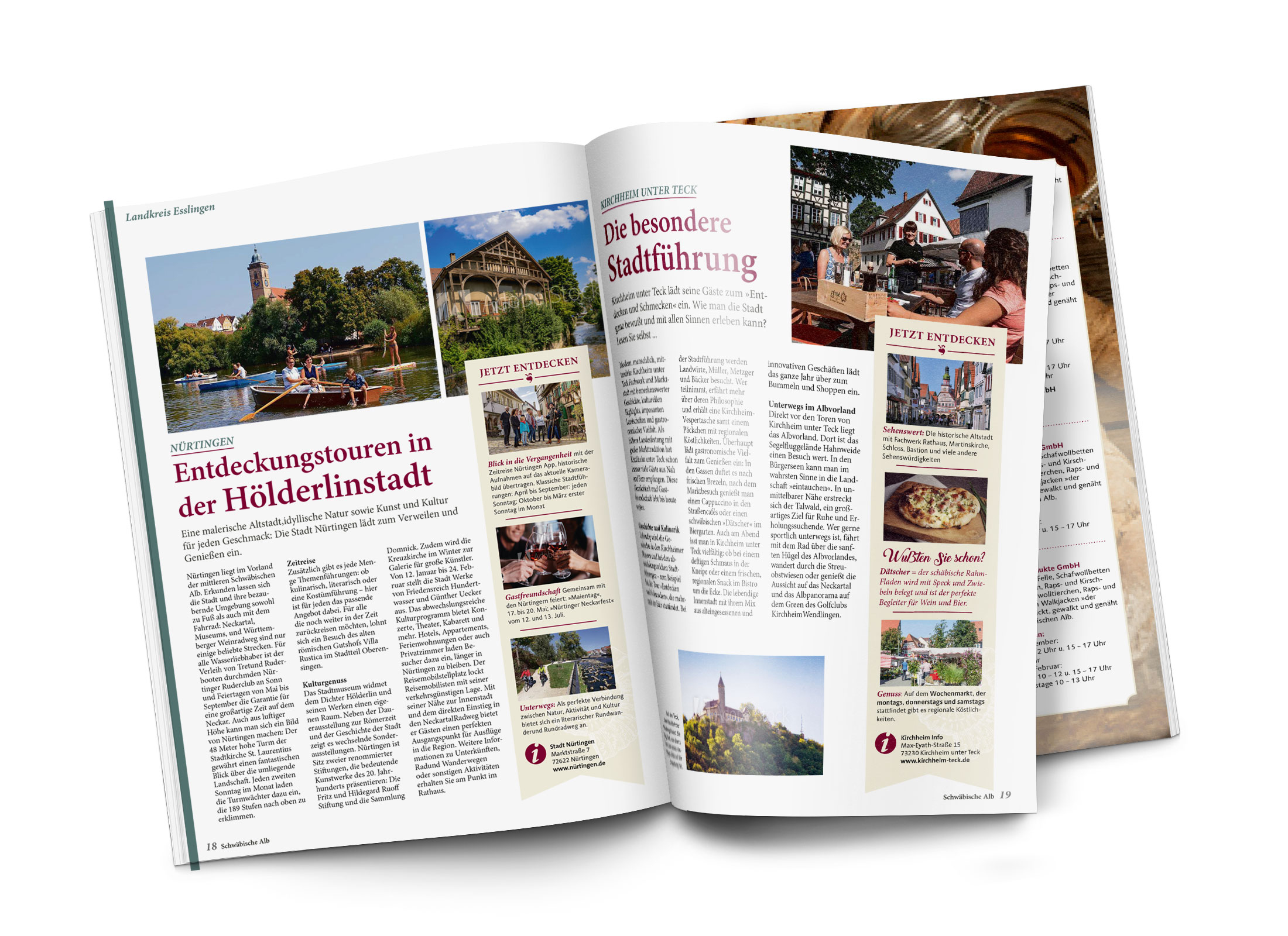 Magazin Gästezeitung Schwäbische Alb Innenseiten Hölderlinstadt Aufgeschlagene Doppelseite mit einem redaktionellen Bericht über Nürtingen als Hölderlinstadt in der Gästezeitung Schwäbische Alb