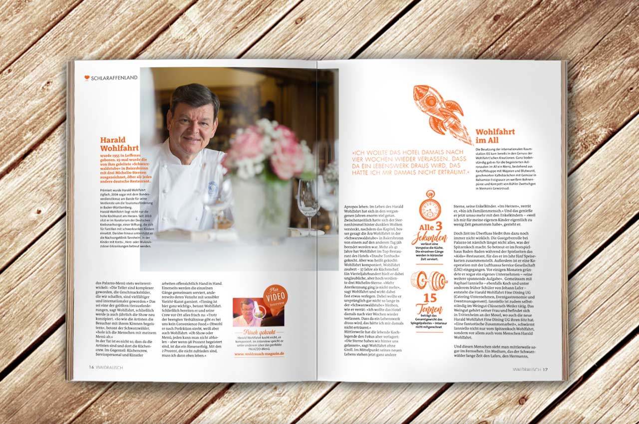 Aufgeschlagene Doppelseite des Magazins Waldrausch - Das Beste mit einem Artikel zu Harald Wohlfahrts Palazzo