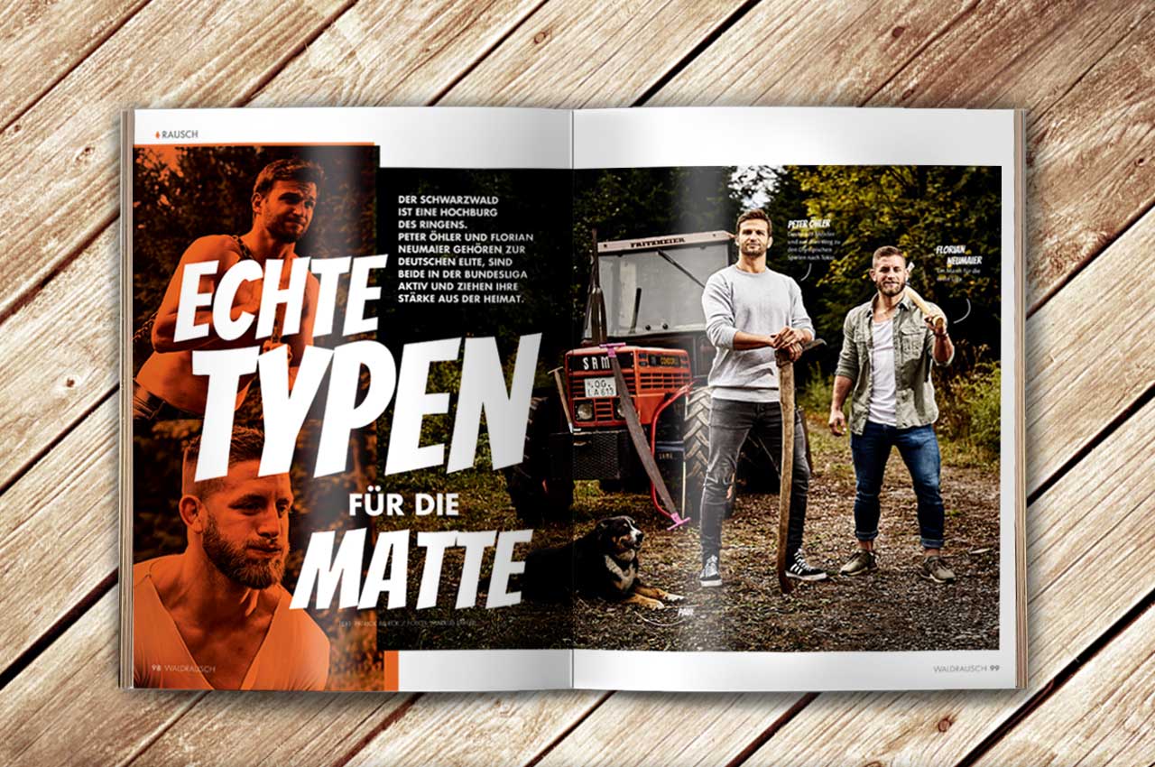 Aufgeschlagene Doppelseite des Magazins Waldrausch - Das Beste aus der Heimat mit den Ringern Peter Öhler und Florain Neumaier