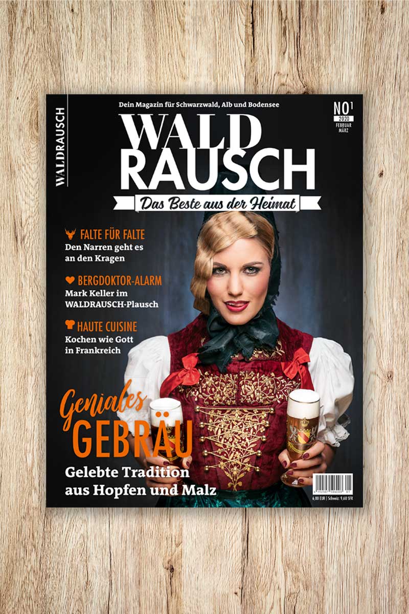 Waldrausch Magazin Titelseite Formschön GmbH Titelseite des Magazins Waldrausch - Das Beste aus der Heimat mit den Themen Bierspecial, Bergdoktor und Faltenkragen bei Narren fotografiert von Sebstian Wehrle