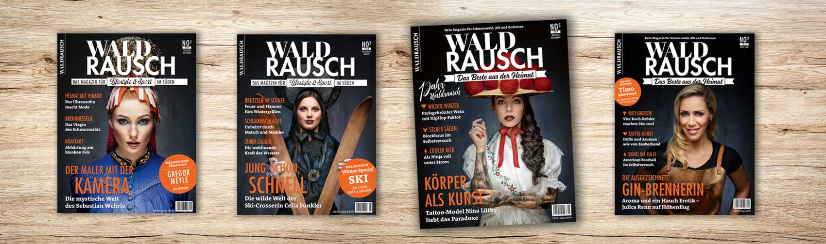 Waldrausch Magazin Titelseiten Fromschön GmbH Mehrere Titelseiten des Magazins Waldrausch - Das Beste aus der Heimat