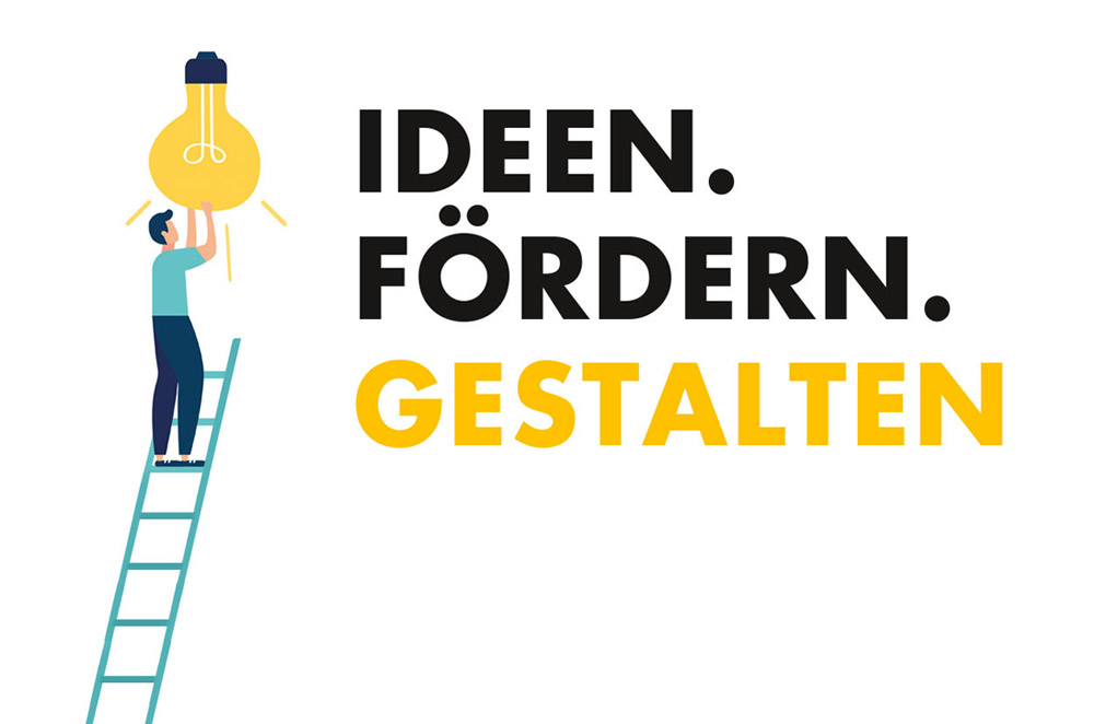 Logo für Kampagne Ideen. Fördern. Gestalten. Logo mit Illustration, Männchen auf Leiter, das eine Glühbirne hält