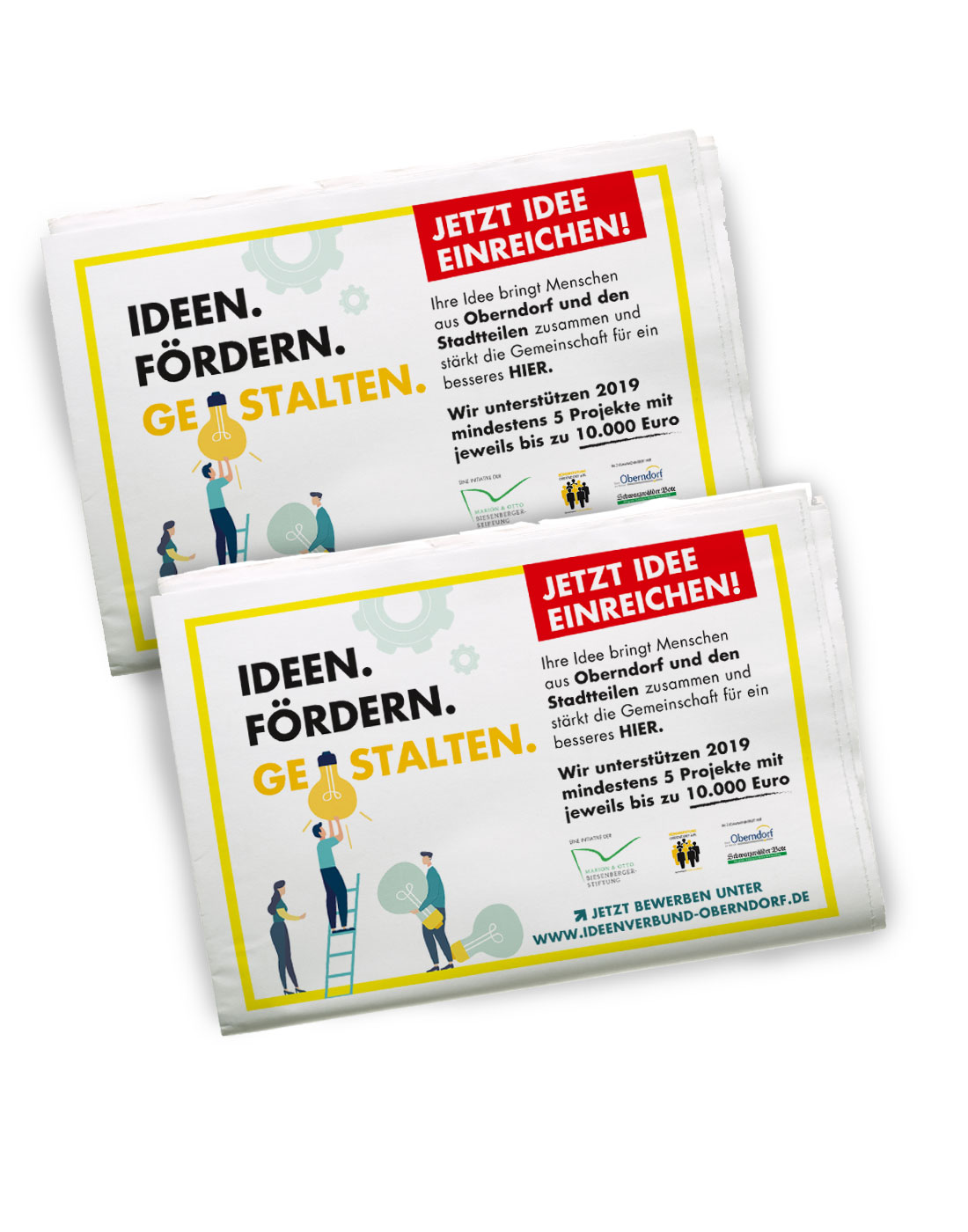Anzeigen Zeitung Kampagne Ideen. Fördern. Gestalten Abbildung einer Zeitung mit Zeitungsanzeigen für Kampagne Ideen. Fördern. Gestalten