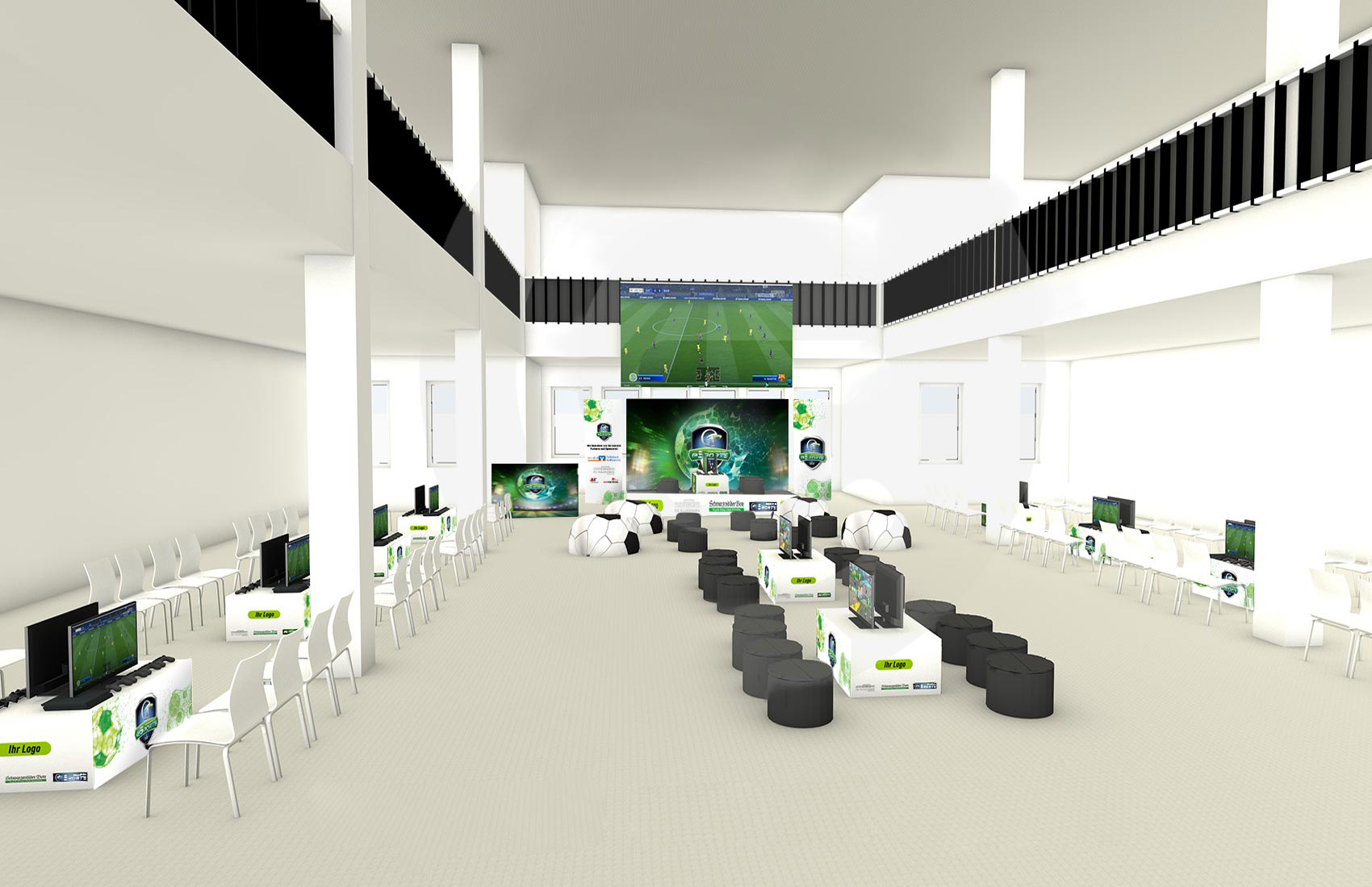 Entwurf der Messewand, Roll-Ups und Theken für die eSportsveranstaltung des Schwarzwälder Bote in der Pulverfabrik Rottweil in der Gesamtansicht